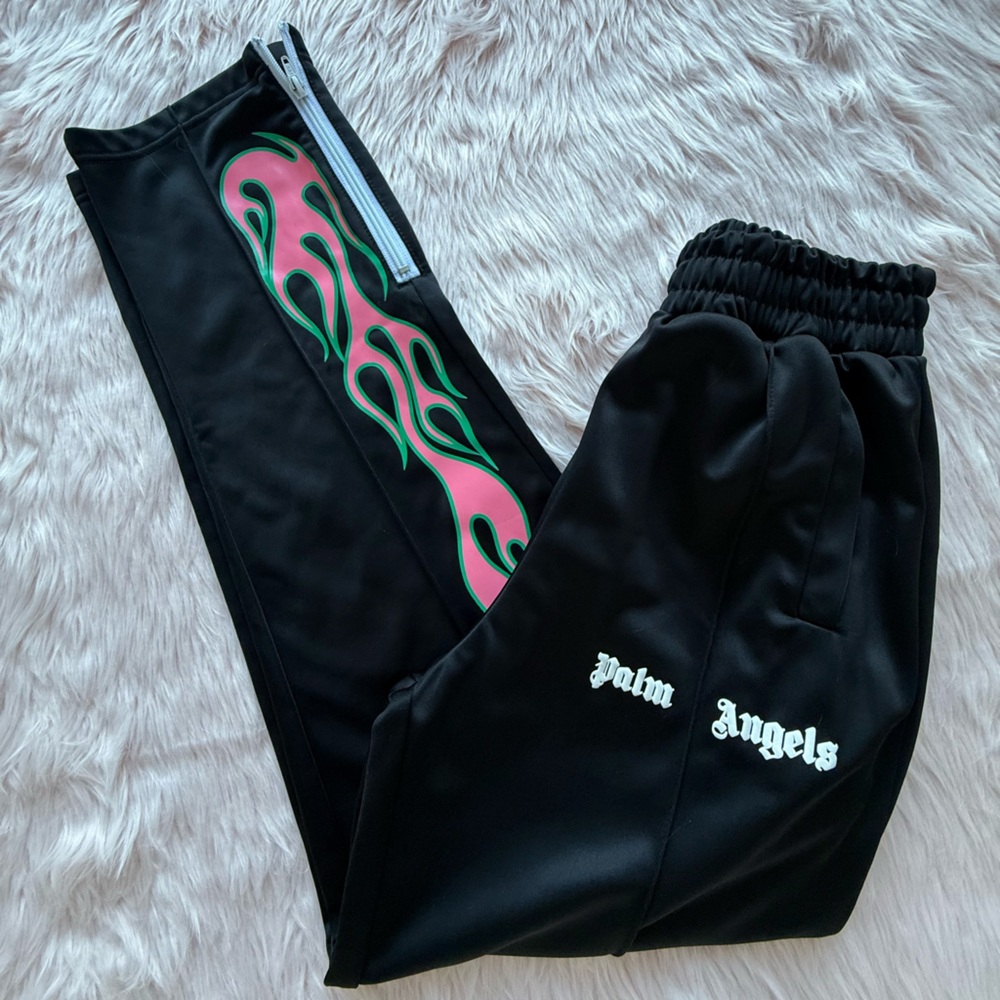 EUC RARE Palm Angels Venice SRL Black Track Pants With Pink and Green Flames